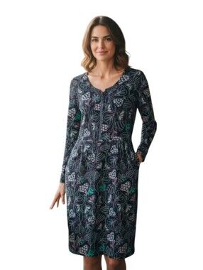 Gudrun Sjödén Tricot Floral Leaves Pockets 1/4 Zip Long Sleeve Cotton Dress Sz L